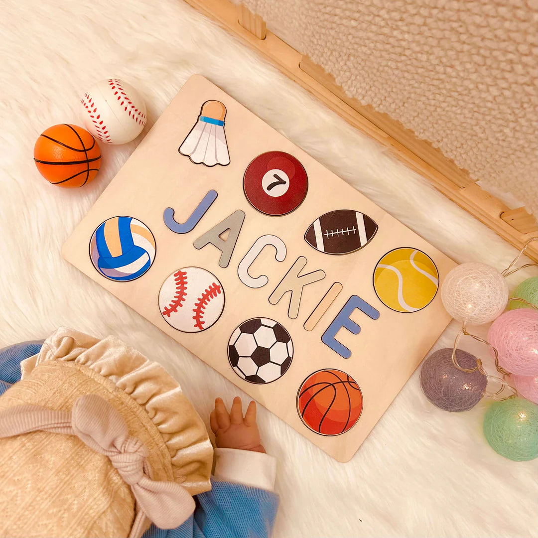 "Gepersonaliseerde naam puzzel met sportthema, leuk en educatief speelgoed voor actieve kinderen"